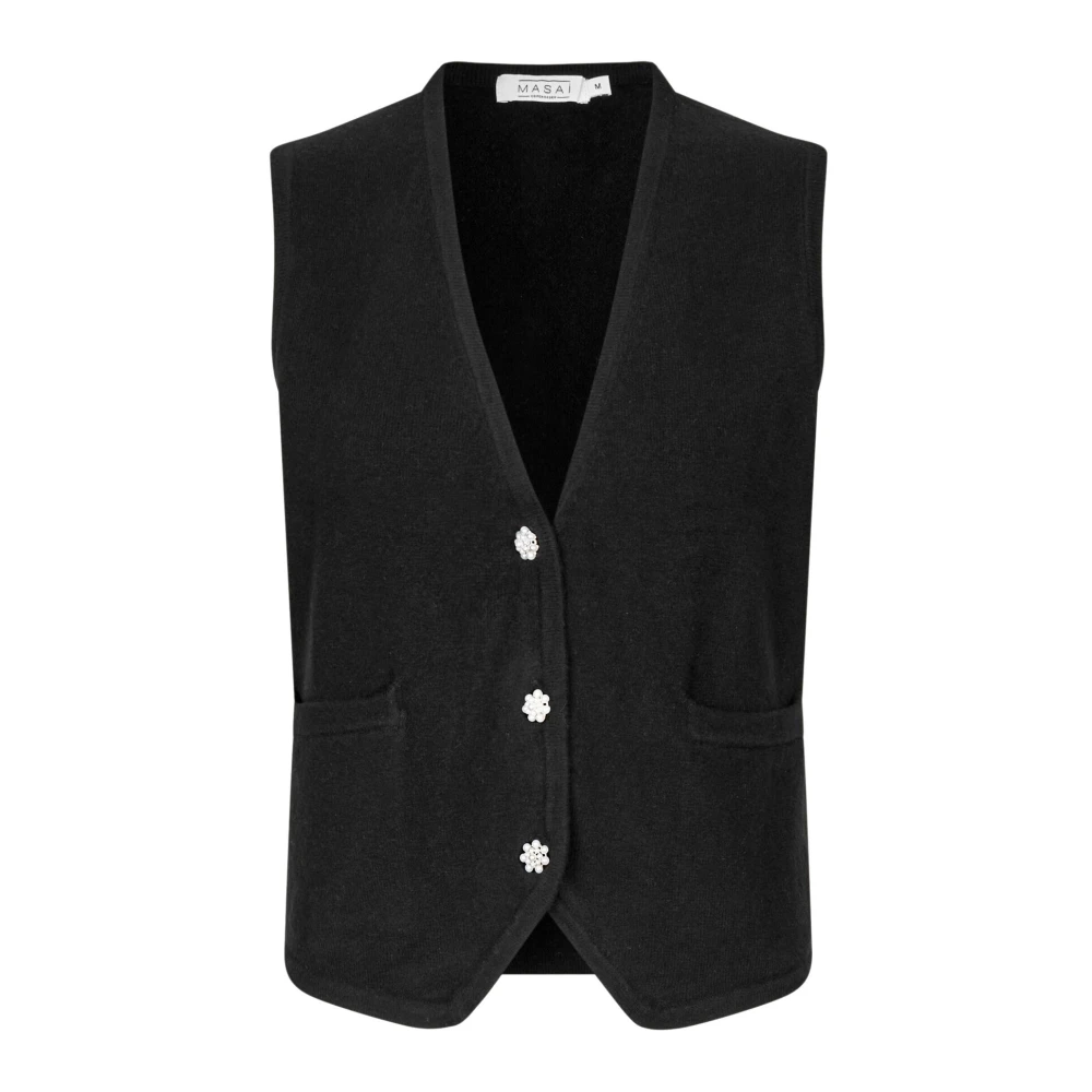 Masai Vrouwelijke Gebreide Vest met Bloemenknopen Black Dames