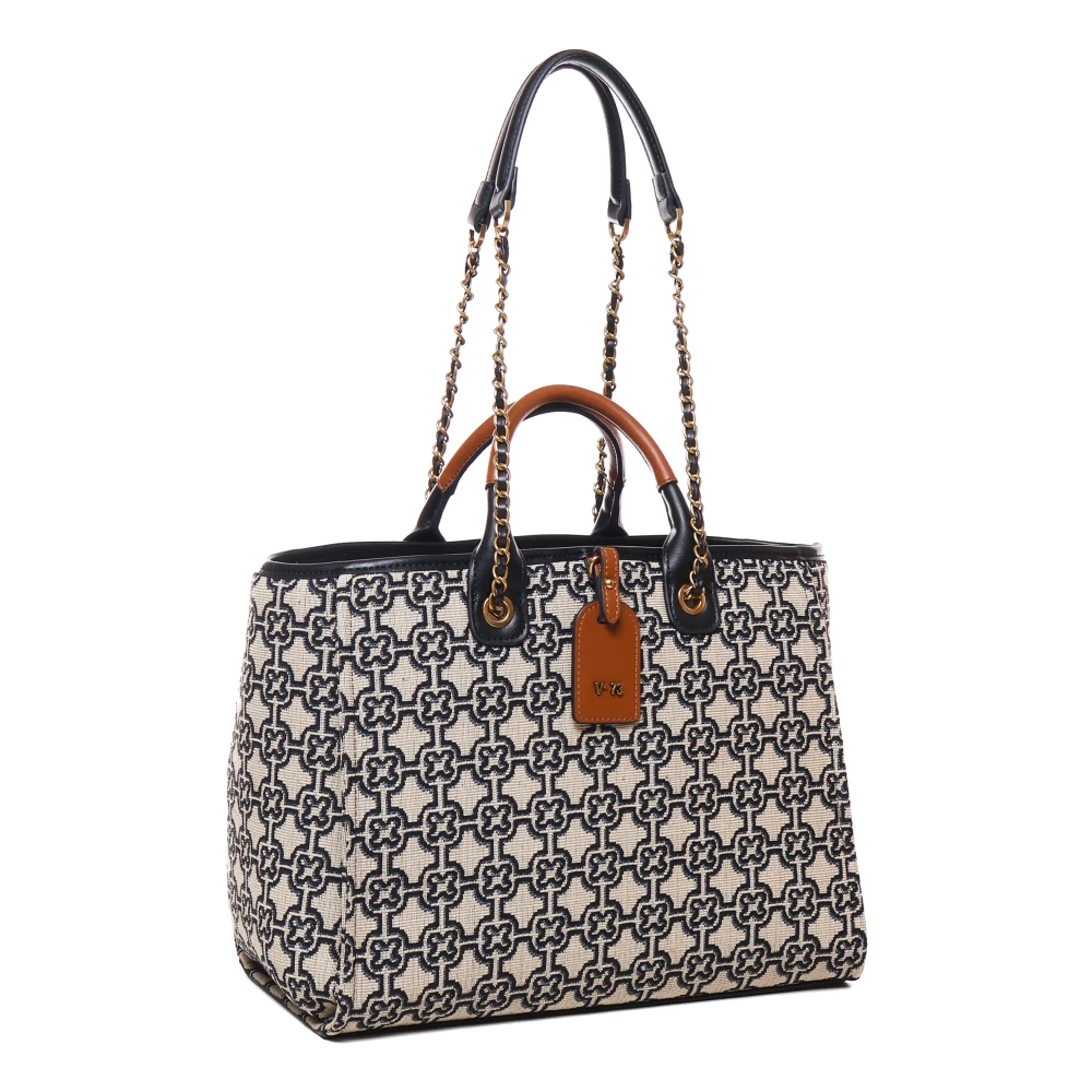 V73 Blauw Beige Leren Stoffen Schoudertas Multicolor Dames