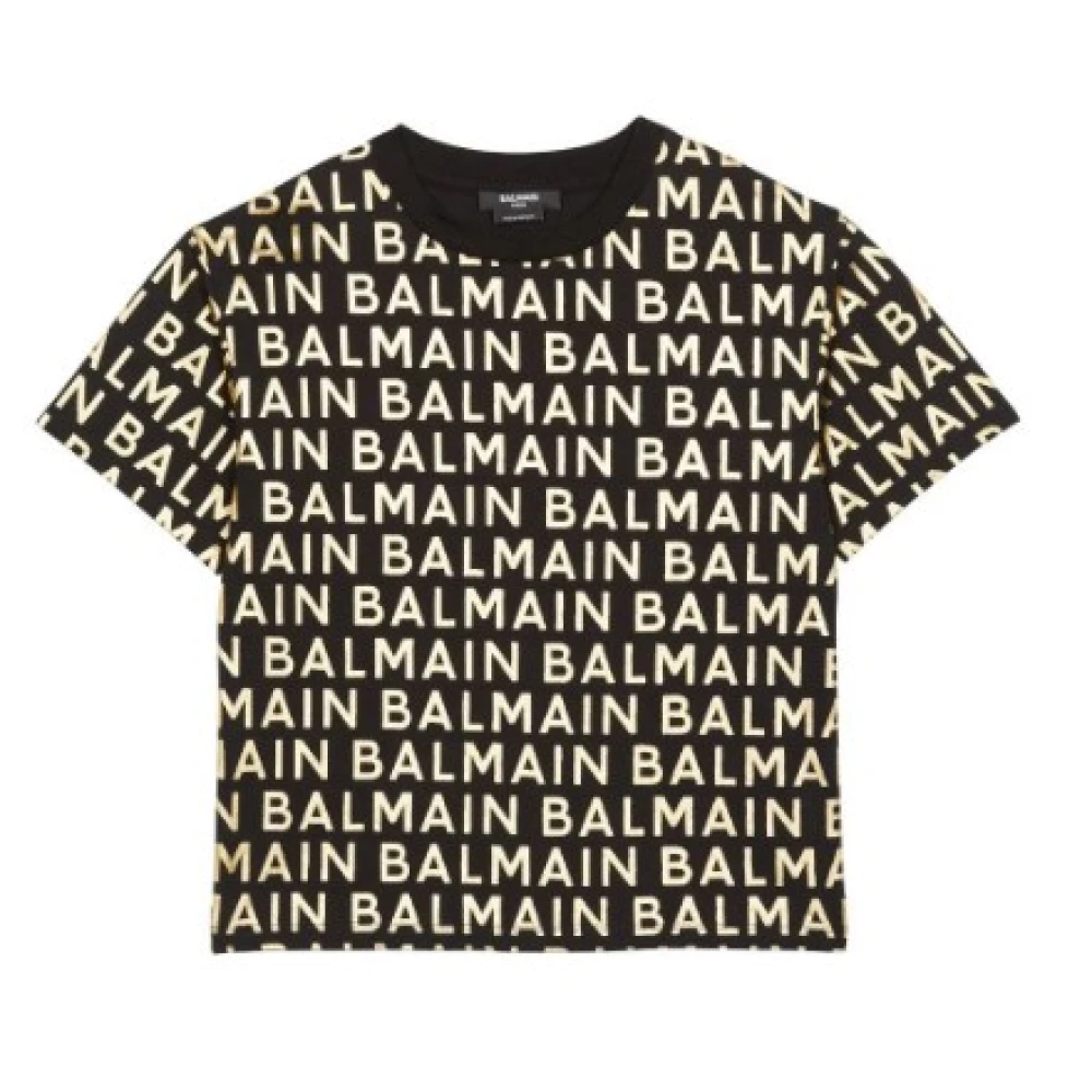 Balmain Svart Junior Bomull T-shirt med Metallic Logo Black, Pojke