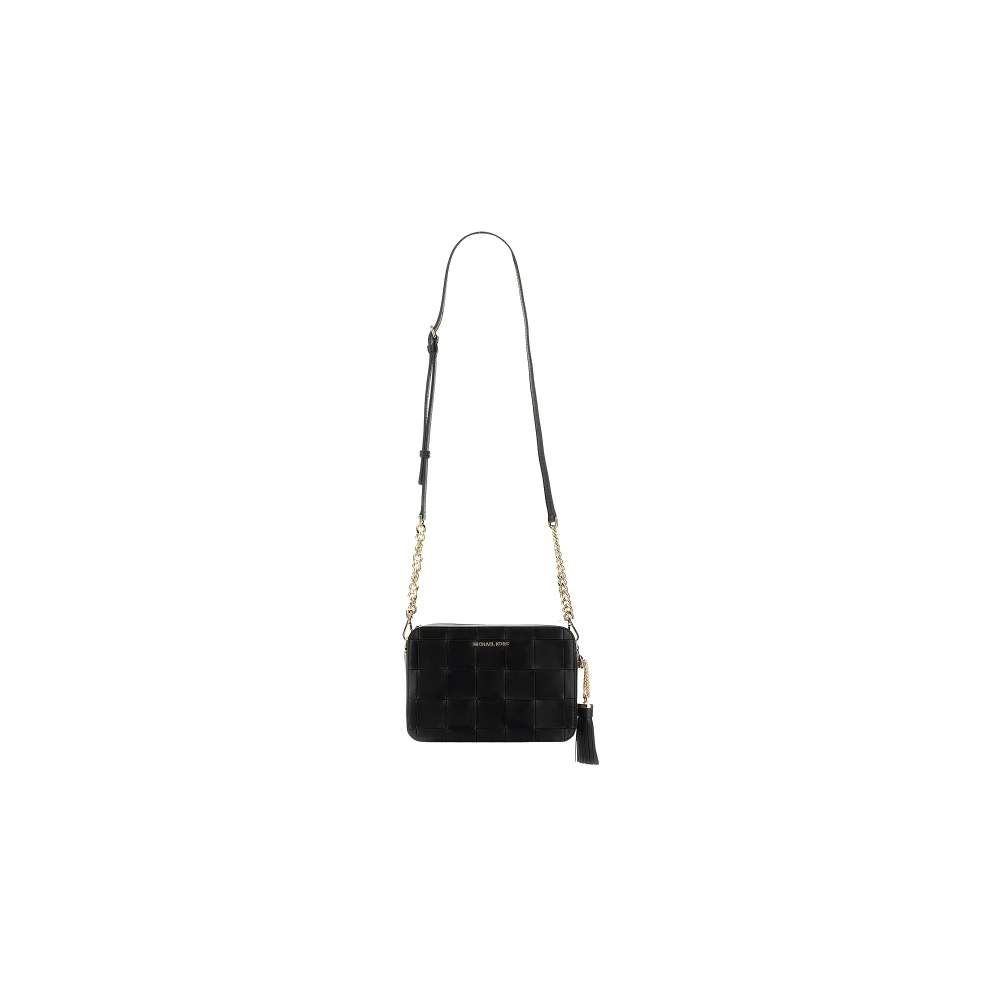 Michael Kors Ginny Medium Woven Leather Crossbody Bag Black, Dam