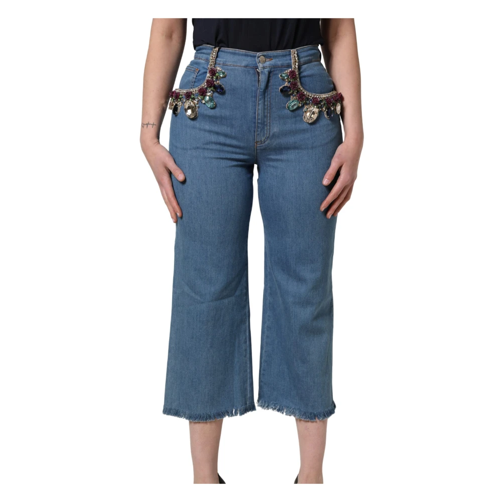 Dolce & Gabbana Women's Blue Cropped Jeans, 2XS, Embellished Wide-Leg Cropped Jeans