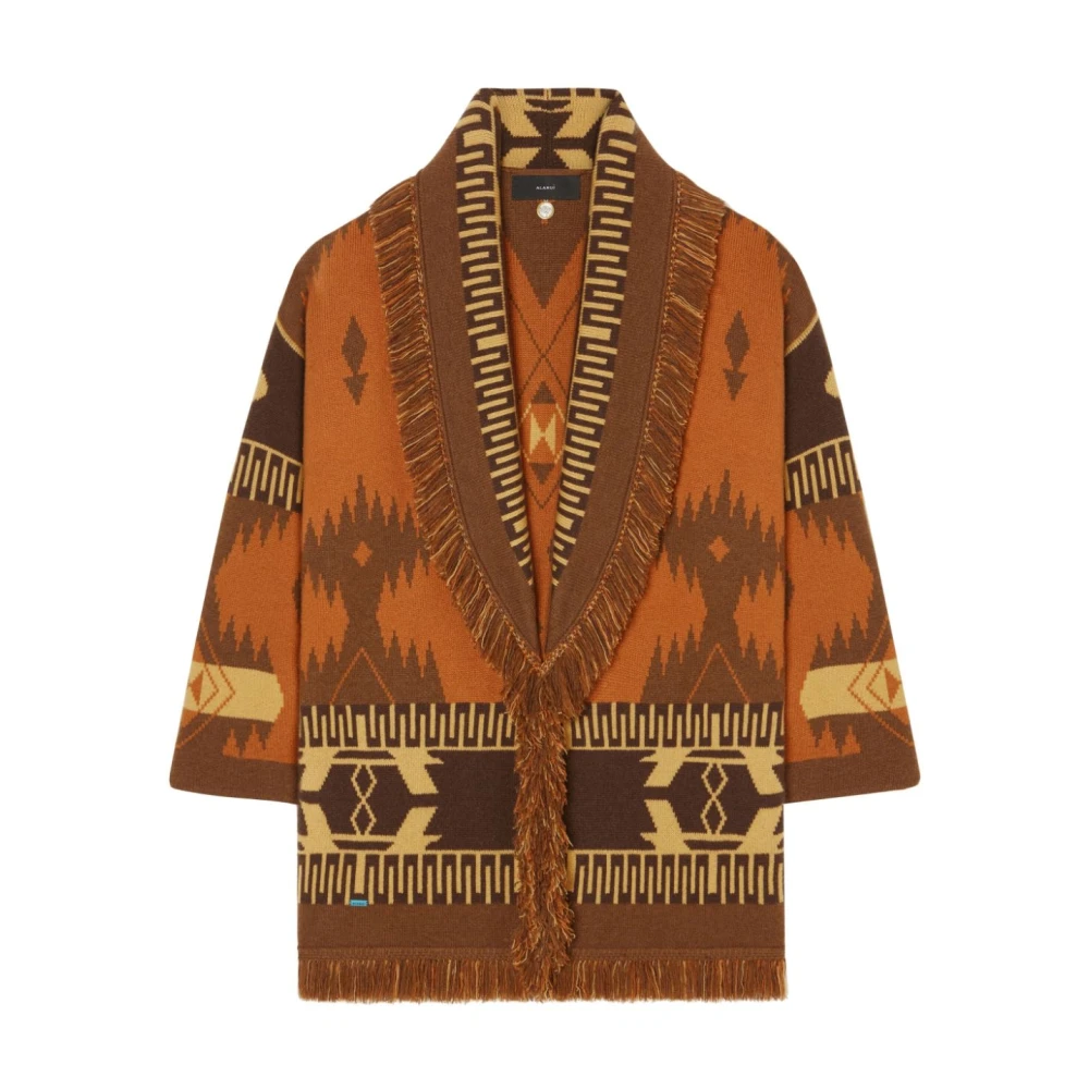 Alanui Jacquard Cardigan Sweater Multicolor Fringe Orange Dames