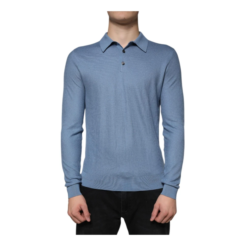 Dolce & Gabbana Hemelsblauwe Zijden Kraag Pullover Sweater Blue Heren