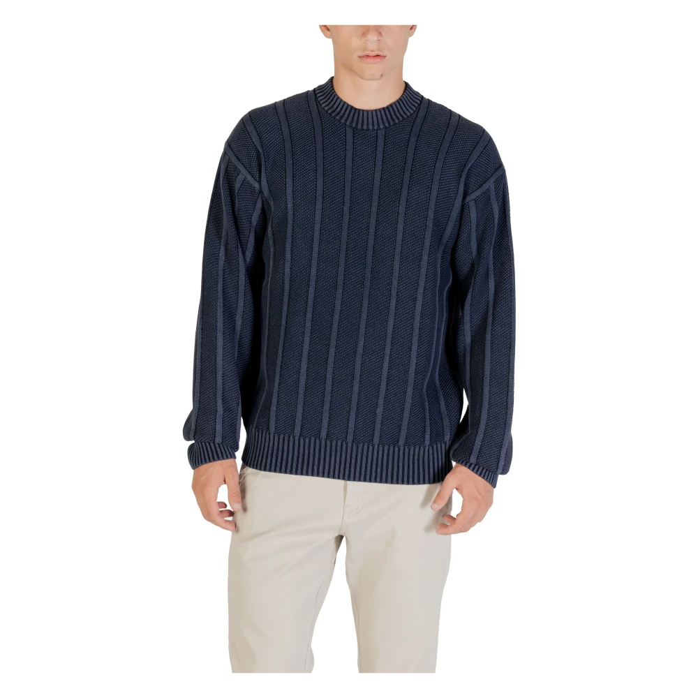 Hugo Men's Blue Round-Neck Knitwear, S, Modern Jumper With Ribbed Design