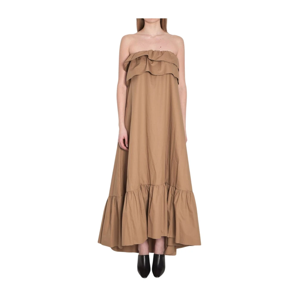 Saint Laurent Women's Beige Strapless Ruffle Hem Dress