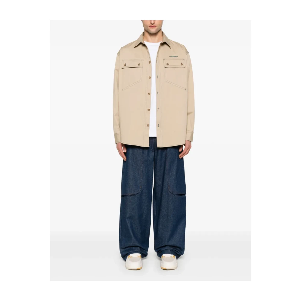 Off White Stitch Katoenen Overhemd Bruin Licht Beige Heren
