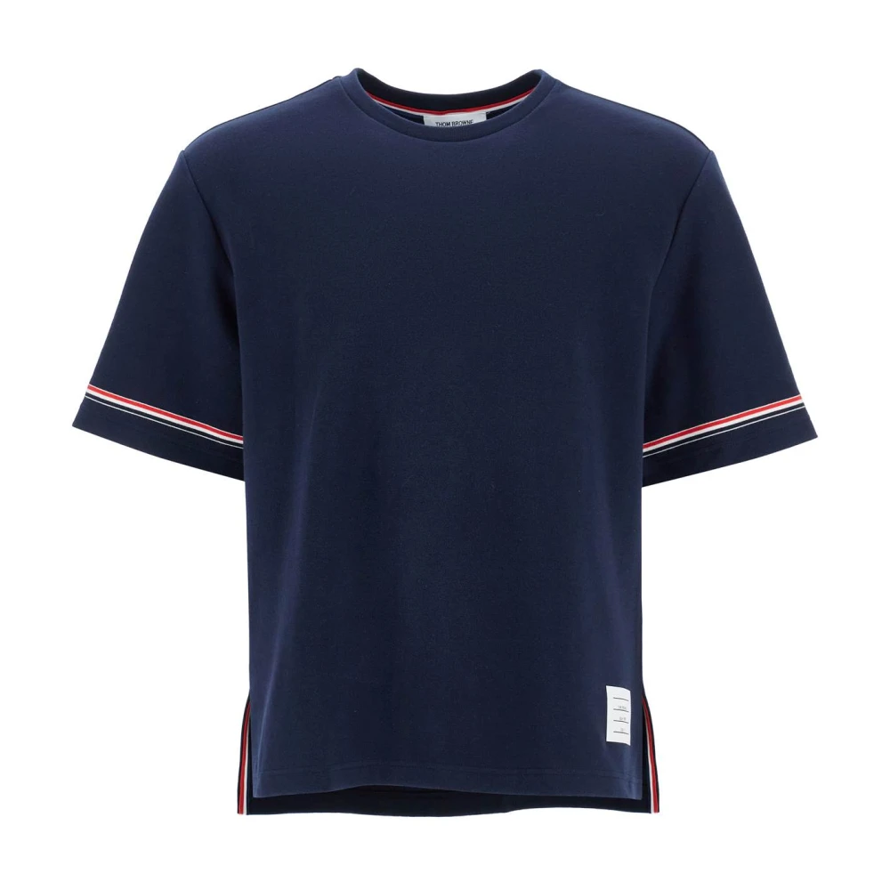 Thom Browne Navy Gestreept T-shirt met Wijde Hals Blue Heren