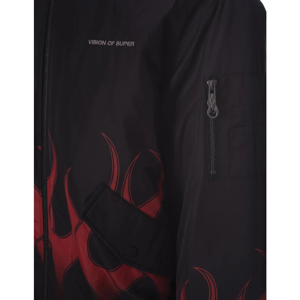 Vision OF Super Zwarte Gewatteerde Bomberjas met Vlammenprint Black Heren