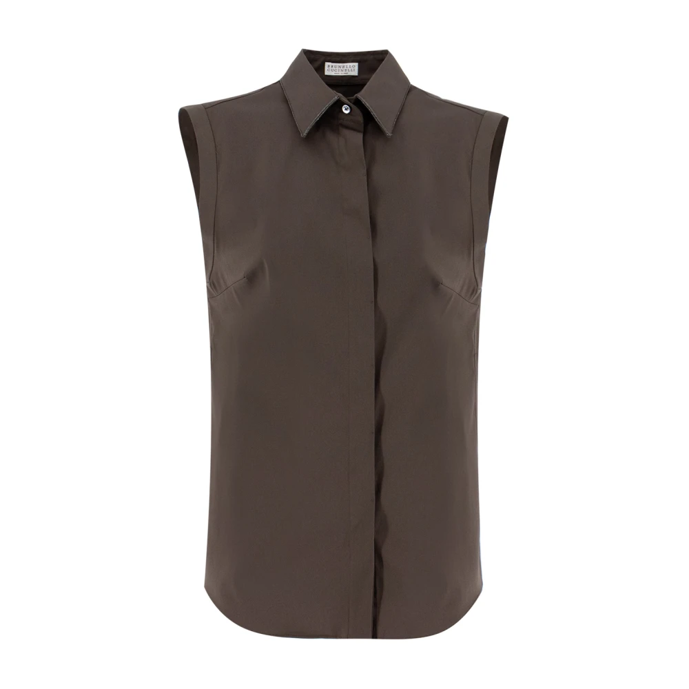 BRUNELLO CUCINELLI Mouwloze stretch katoenen popeline overhemd Brown Dames