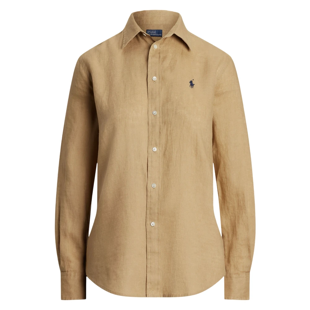 Polo Ralph Lauren Women's Beige Shirts,, Khaki Classic Fit Linen Shirt Large