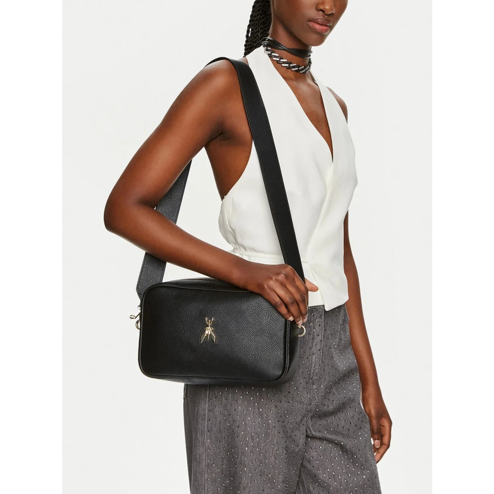 PATRIZIA PEPE Schoudertas van Leer met Vliegdetail Black Dames
