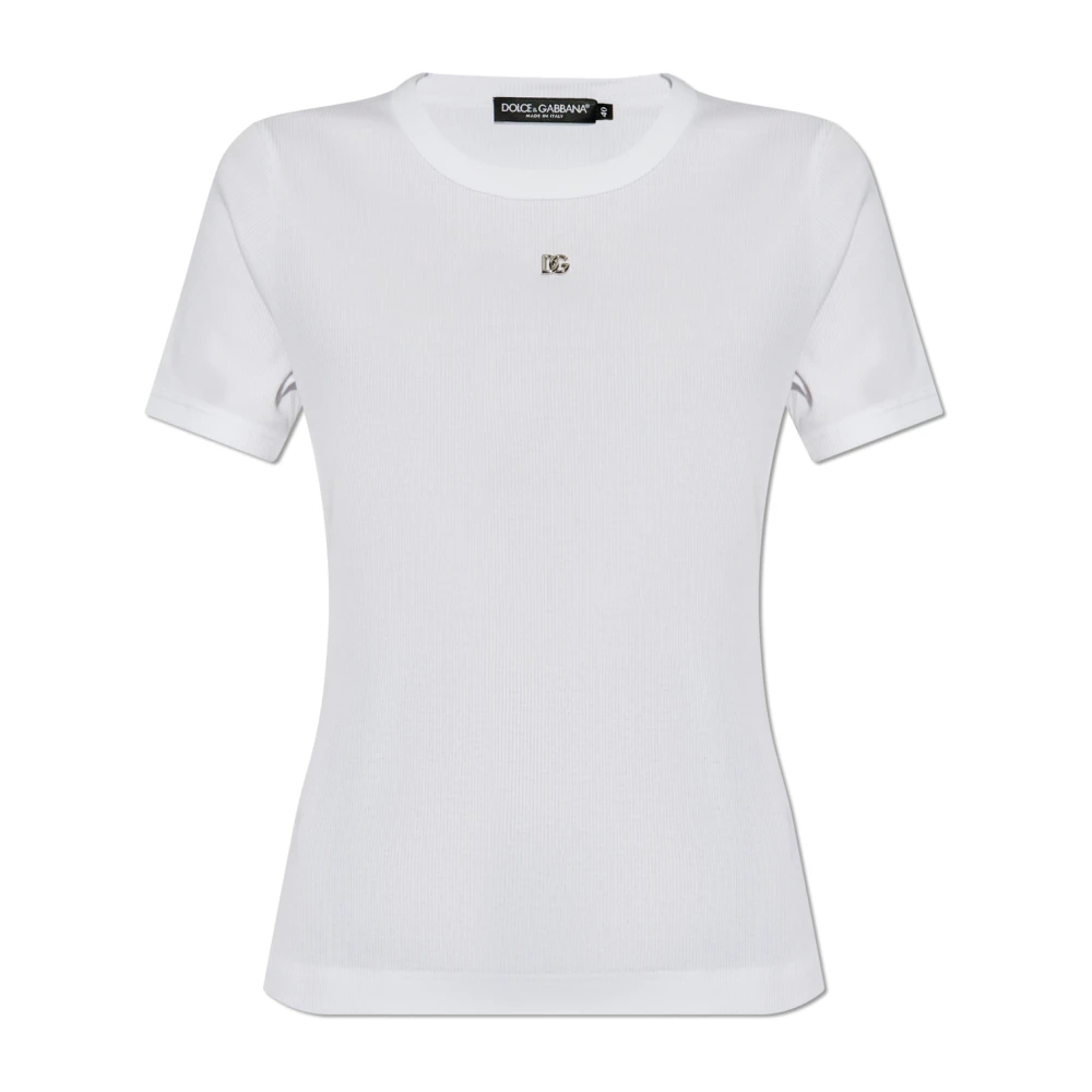 Dolce & Gabbana Geribbeld T-shirt met logo-vormige applicatie White Dames