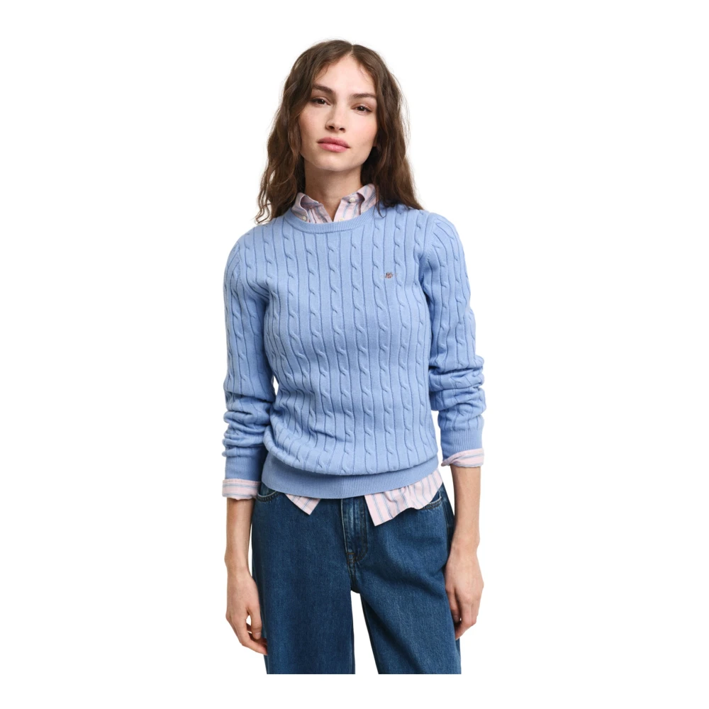 Gant Geribbelde ronde hals trui van katoen Blue Dames