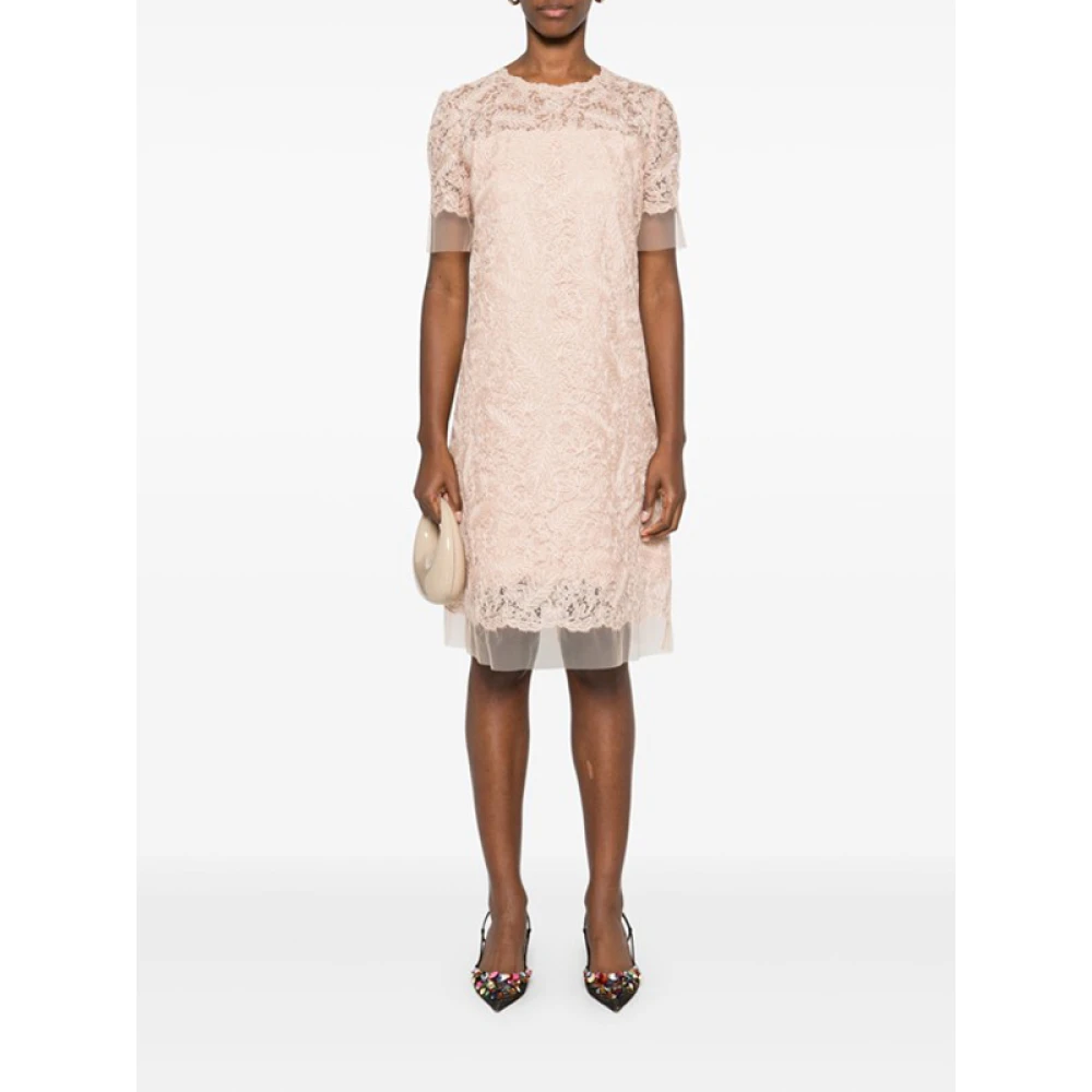 Ermanno Scervino Beige Kant Midi Jurk Korte Mouwen Beige Dames