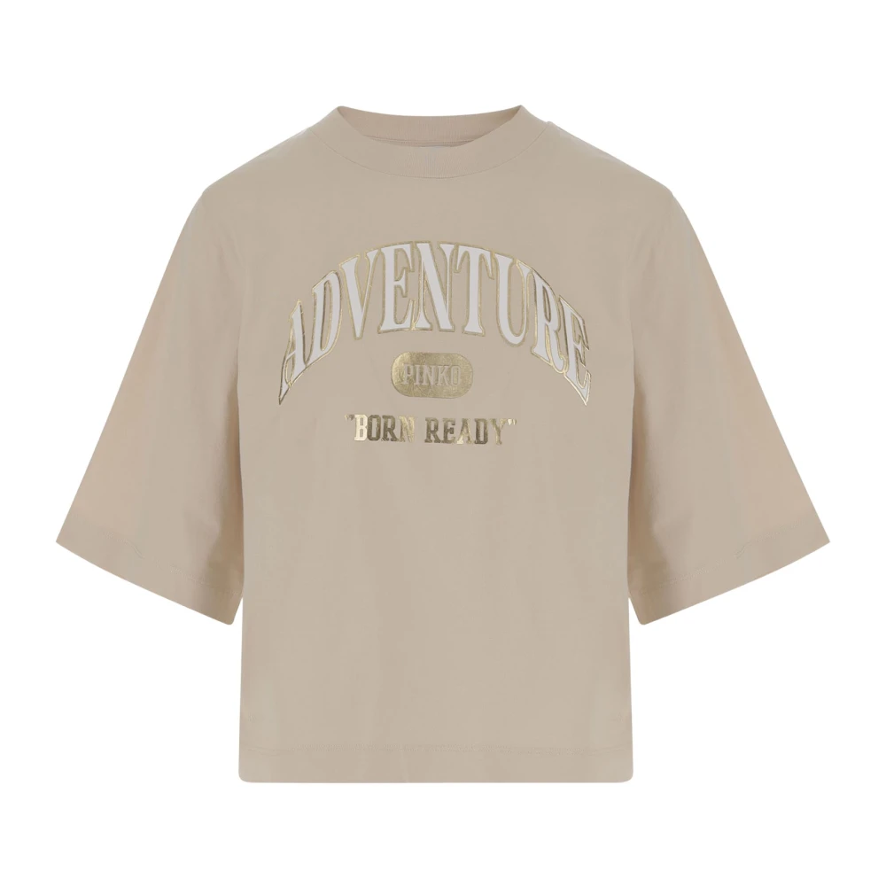 Pinko Katoen Logo Print Crew Neck T-Shirt Beige Dames