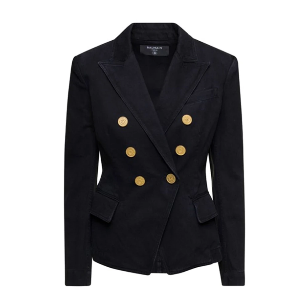 Balmain Double-Breasted Denim Blazer Gouden knopen Black Dames