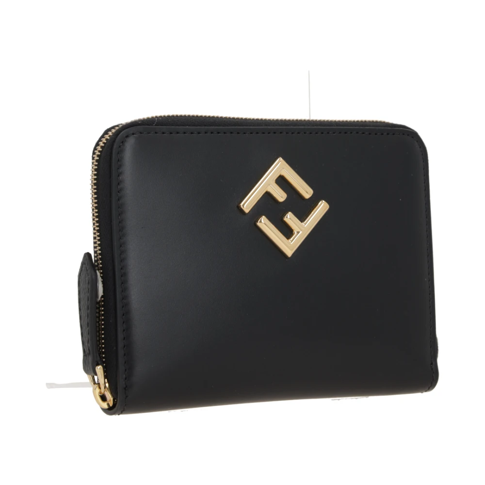Fendi Zwarte leren portemonnee met diagonaal metalen logo Black Dames