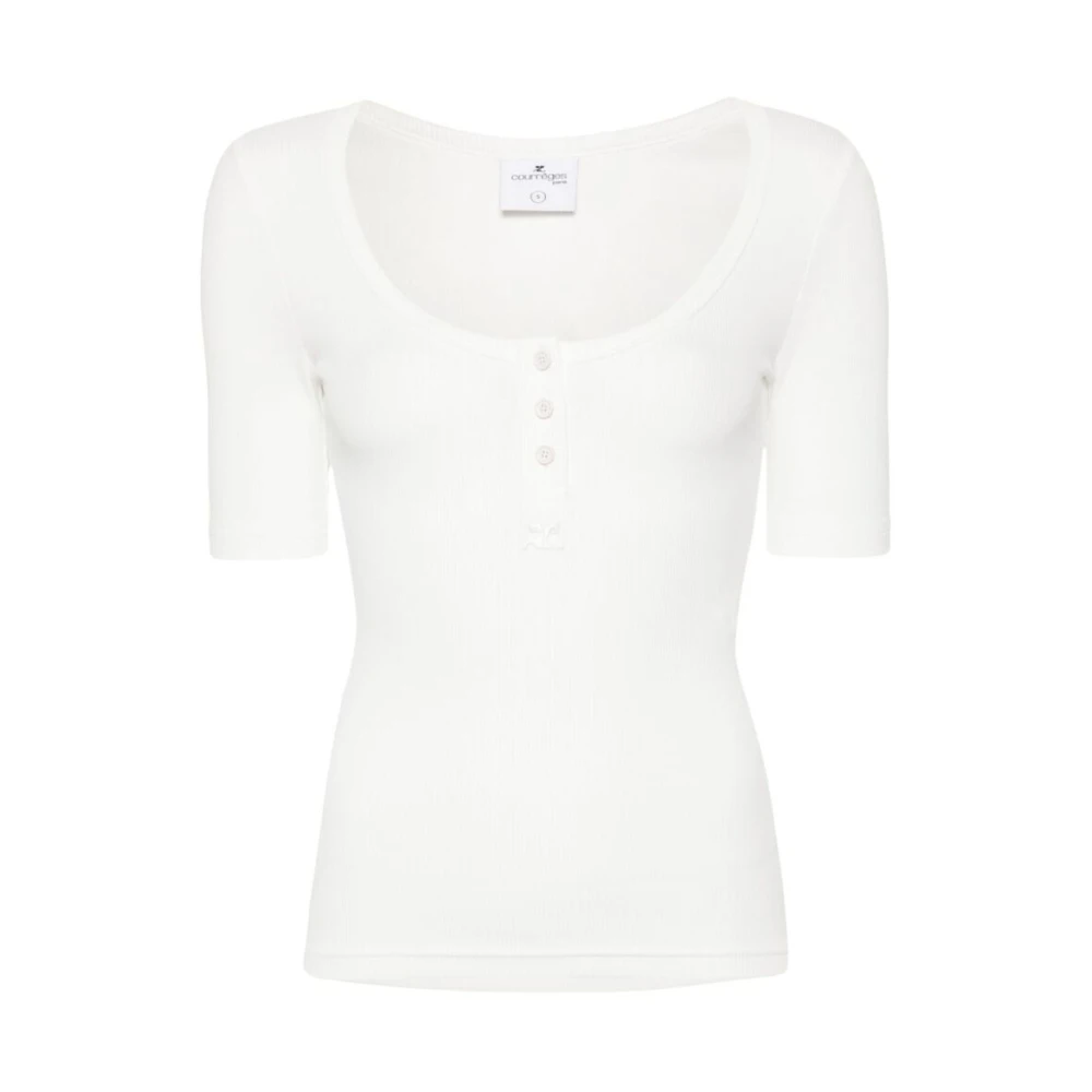 Courrèges Witte Geribbelde T-Shirt met Ronde Hals White Dames
