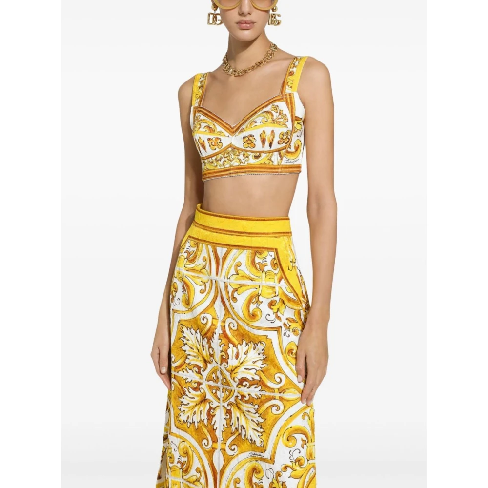 Dolce & Gabbana Majolica Print Sweetheart Top Yellow Dames