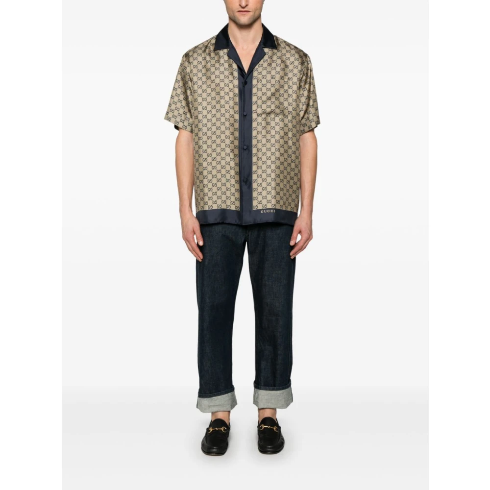 Gucci Bowling zijden twill overhemd met GG-print Beige Heren