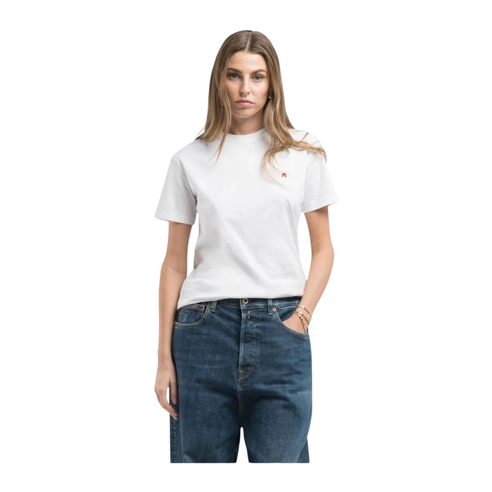 Replay Women's White T-Shirts, M, Round Neck Short Sleeve Cotton T-Shirt