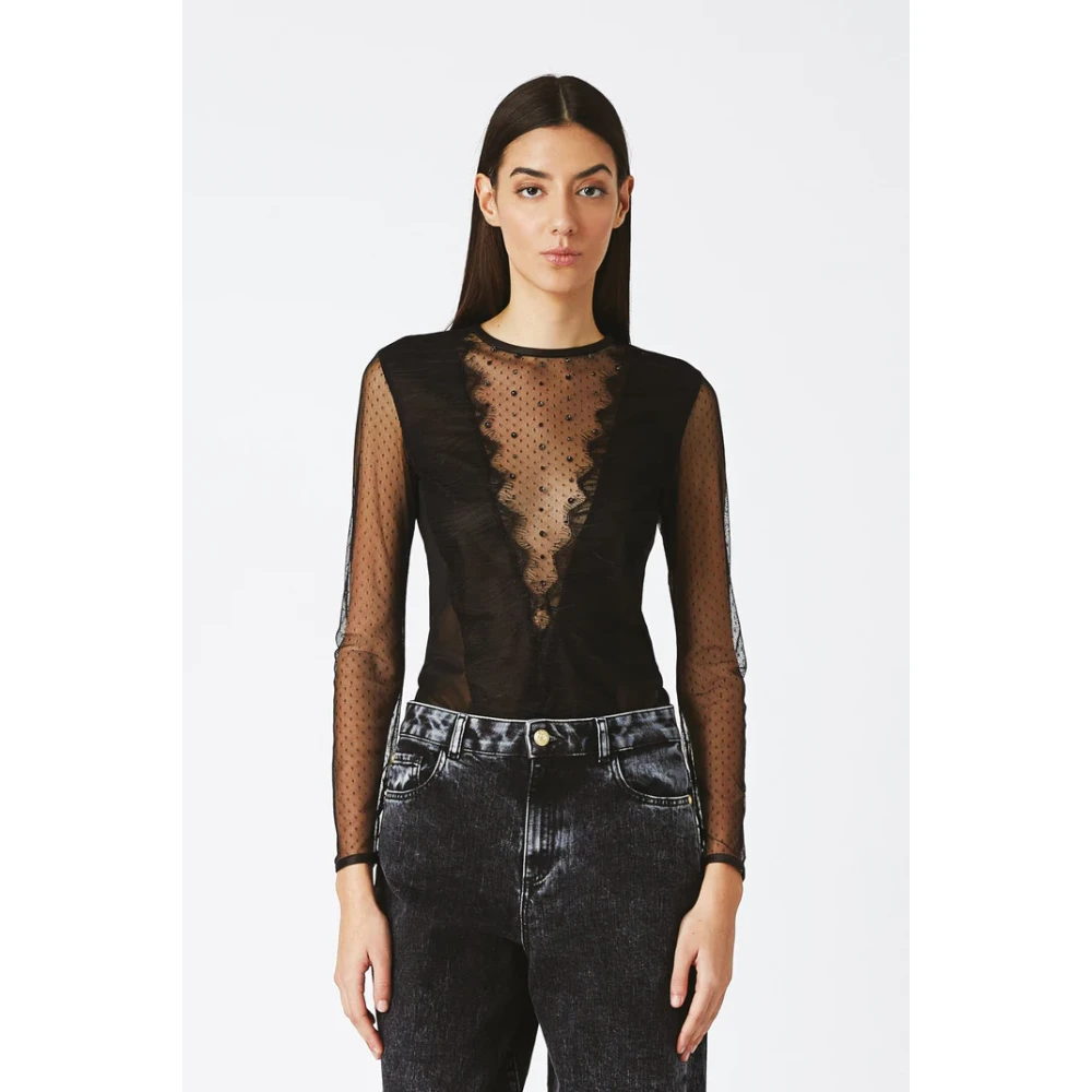 Nenette Zwarte kanten inzet shirt Black Dames
