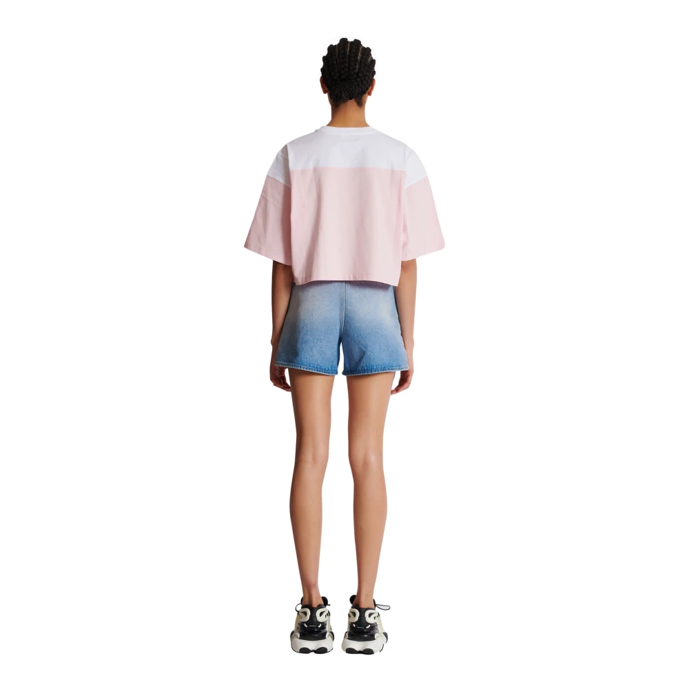 Balmain Tweekleurig T-shirt met Handtekening borduursel Pink Dames
