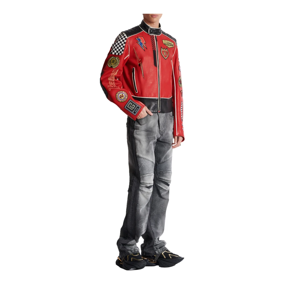 Balmain Lamsleren jas met Racing-patches Red Heren