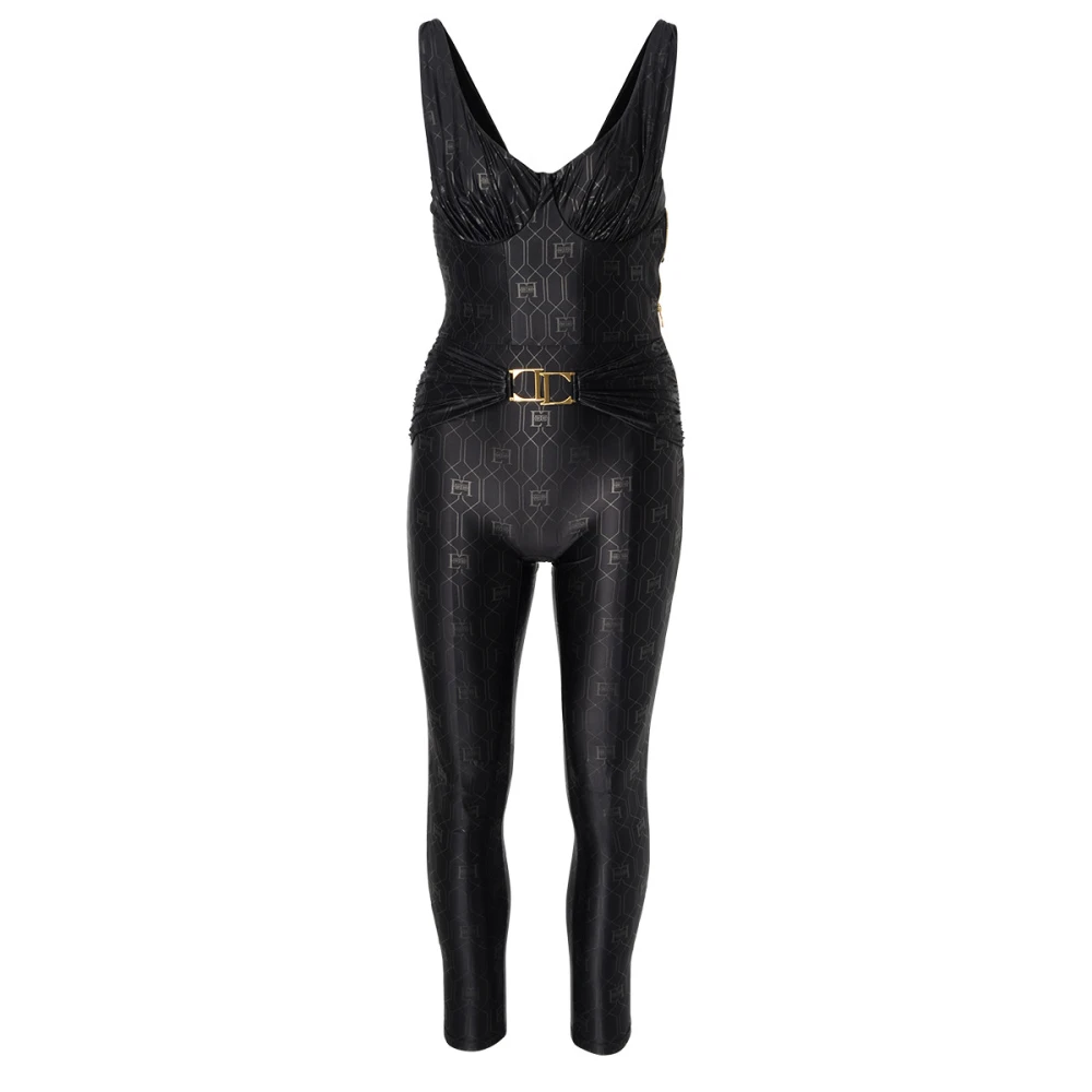 Elisabetta Franchi Zwarte Stretch Jumpsuit met Logo Print en Gouden Riem Black Dames