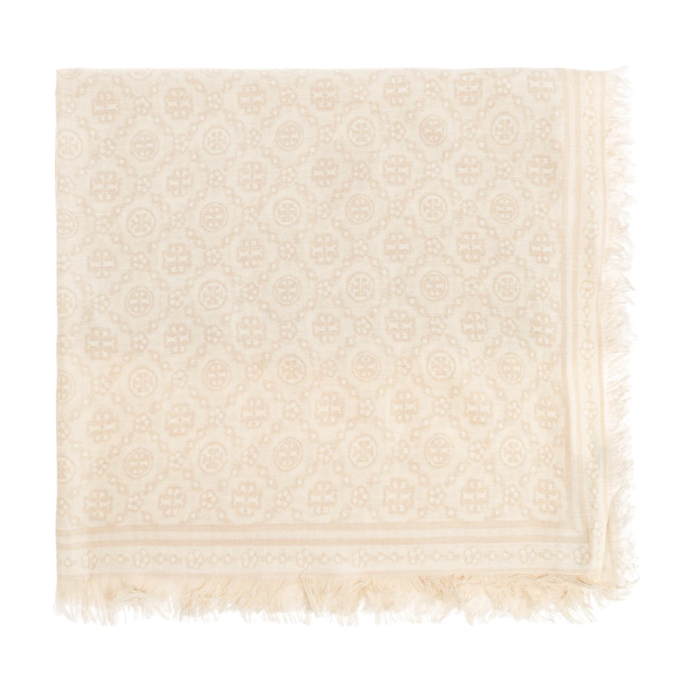 Tory Burch Women's Beige Scarves, One Size, T Monogram Floral Oblong Scarf