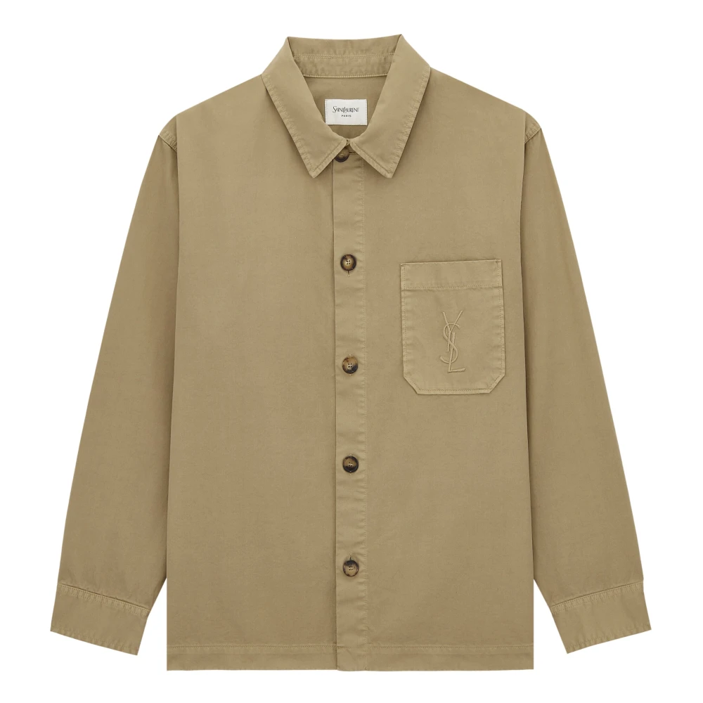 Saint Laurent Men's Beige Light Jackets, M, Overshirt With Embroidered Logo