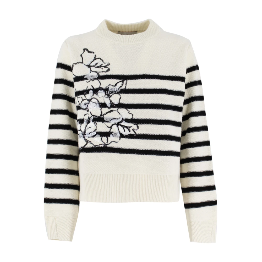 Ermanno Scervino Gestreepte wollen trui met paillettenbloemen White Dames