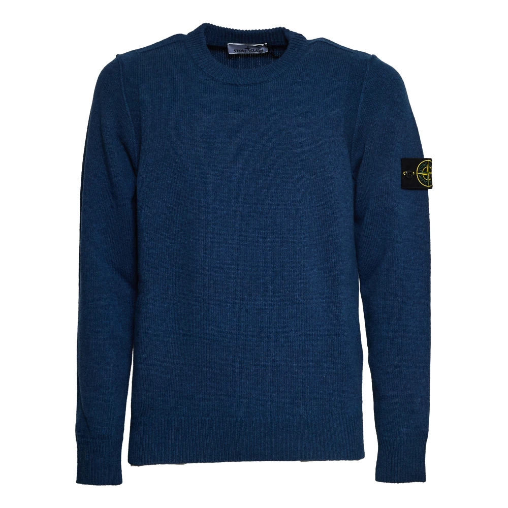 Stone Island Blue Round-Neck Knitwear, Male, M, Lambswool Jumper Aw25