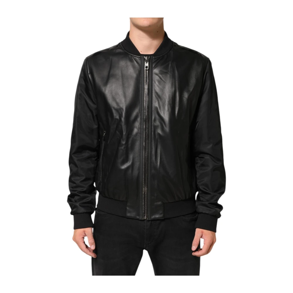 Dolce & Gabbana Men's Black Bomber Jackets, 3XL, Leather Nylon Fullzip Blouson Jacket