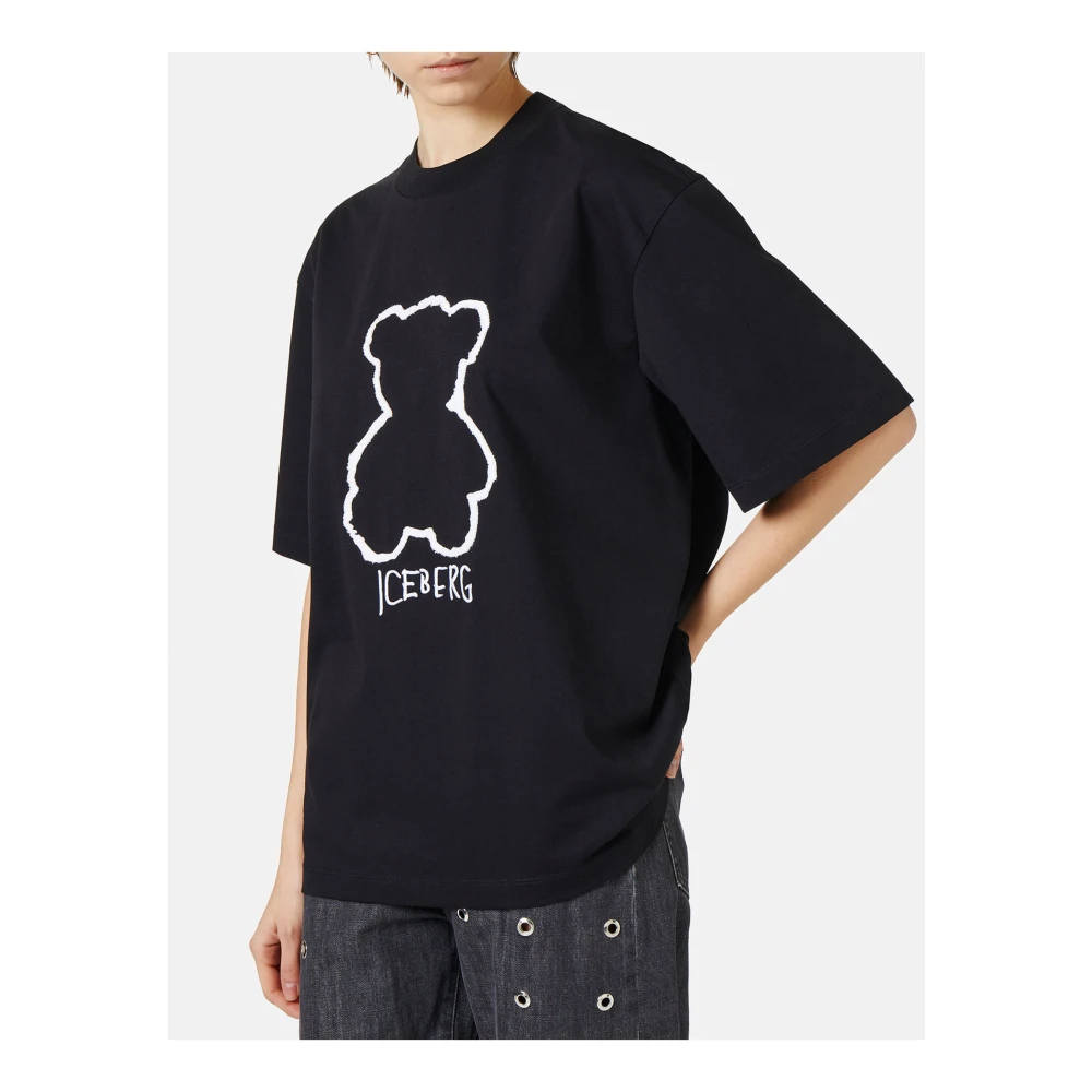 Iceberg Zwart katoenen jersey T-shirt met beerprint Black Dames