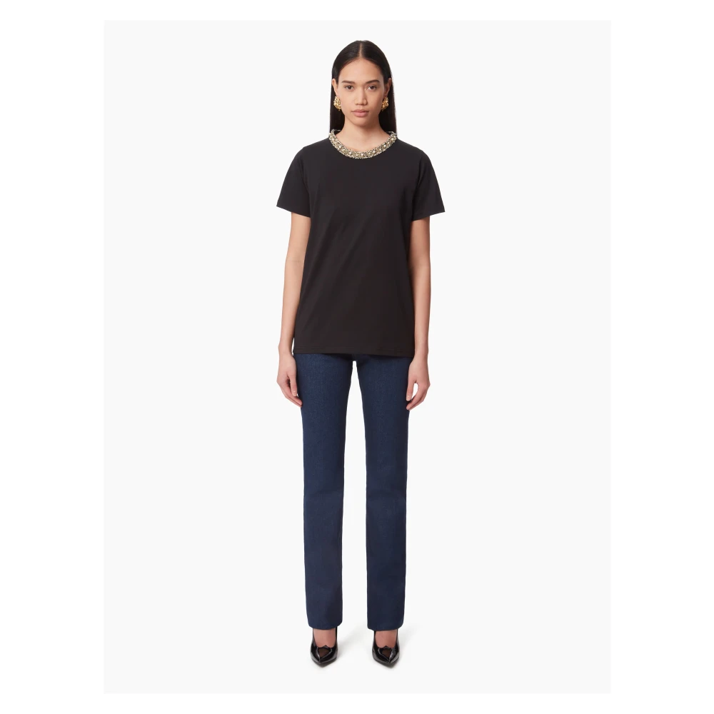 Nina Ricci Zwart Beaded Neckline T-Shirt Black Dames
