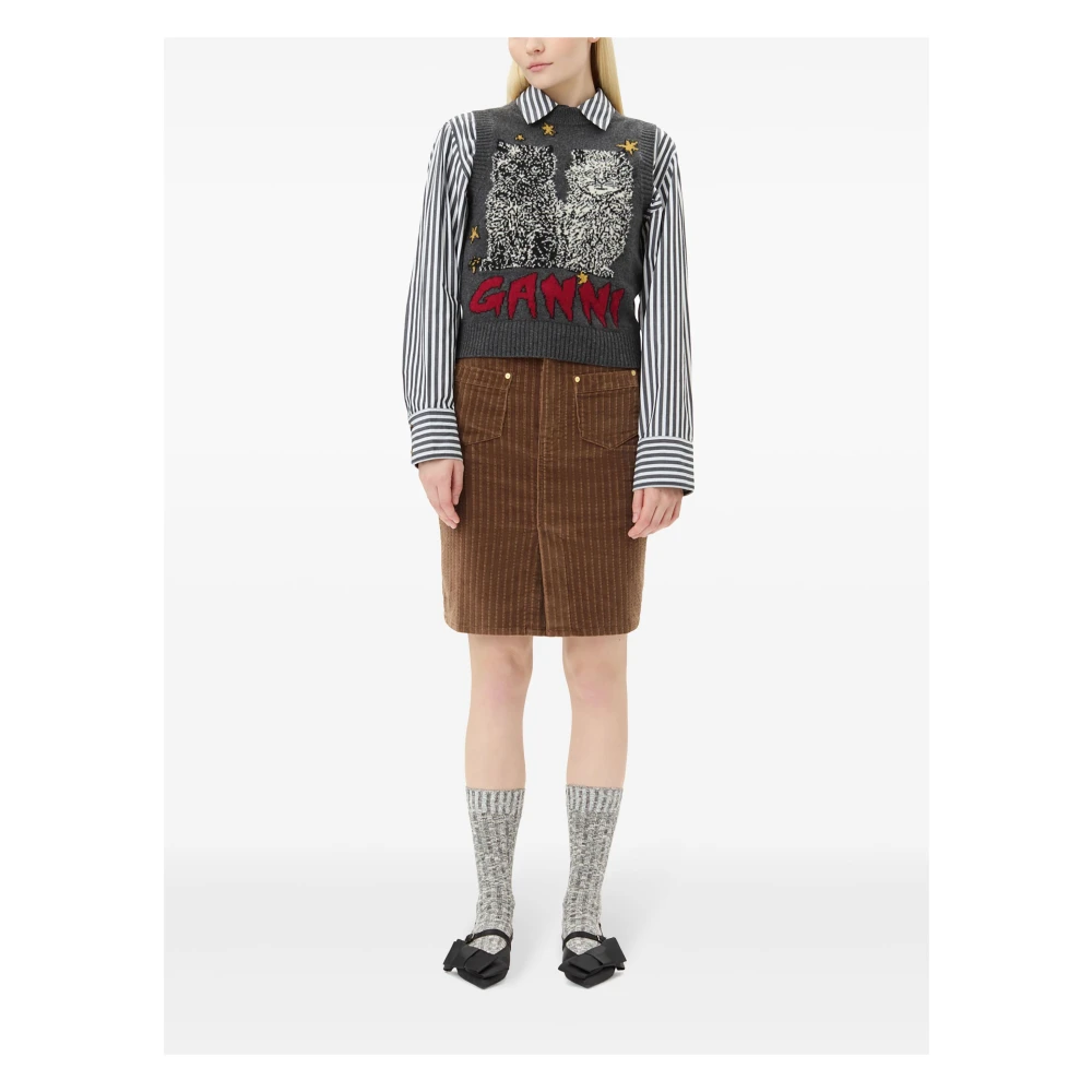 Ganni Grafische Katten Wollen Vest Gray Dames