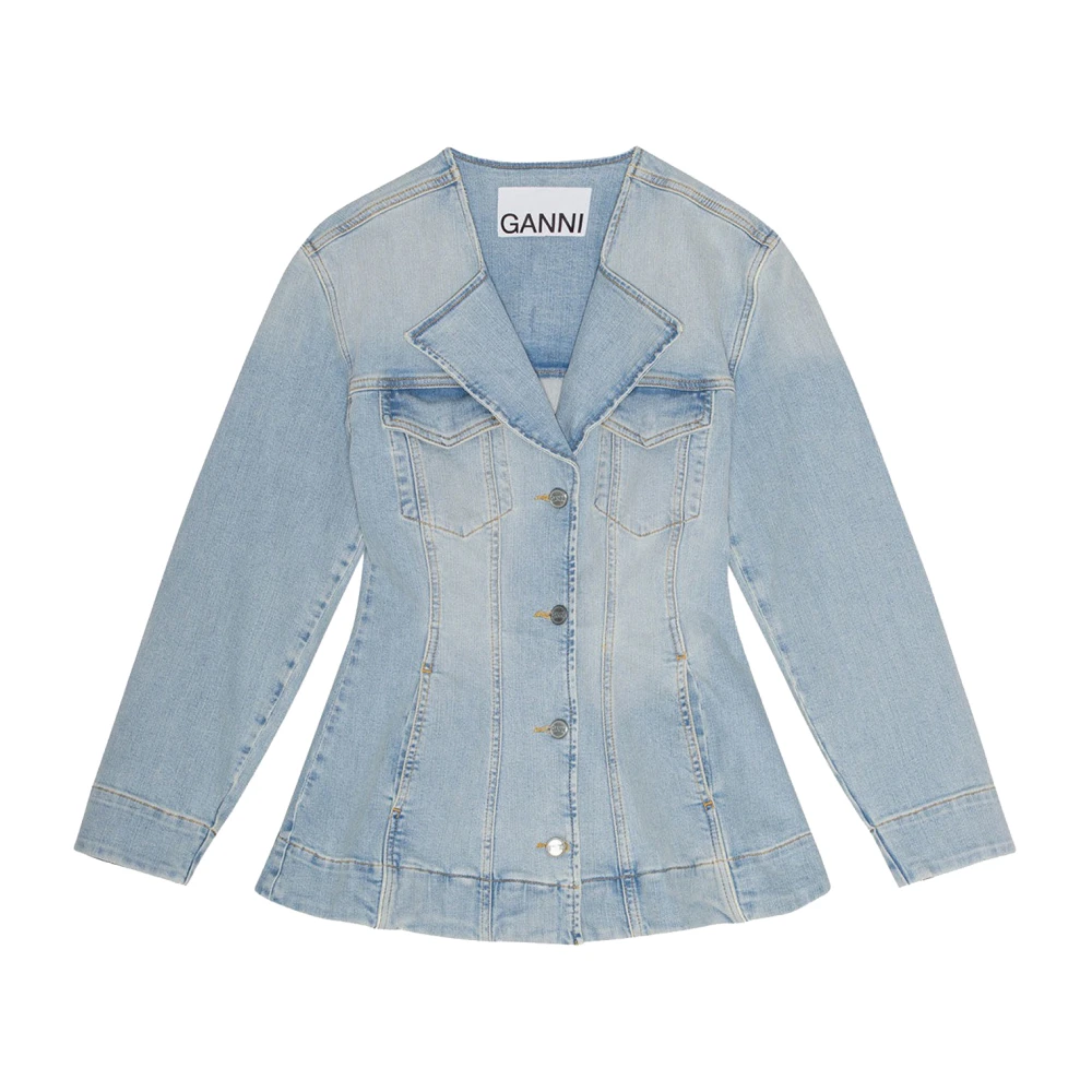 Ganni Blauwe Katoenen Blazer met V-Hals Blue Dames