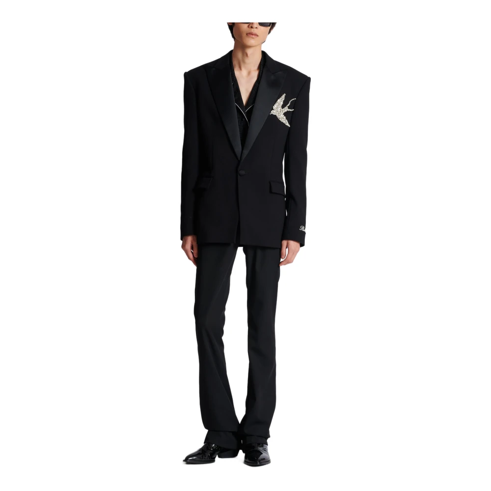 Balmain Aansluitende jas met strass knoop en zwaluw ontwerp Black Heren