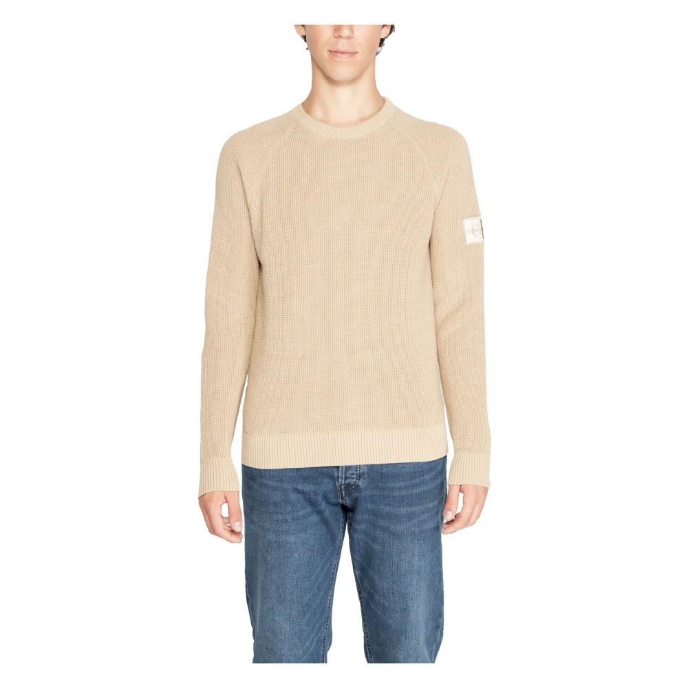 Calvin Klein Beige Gedrukte Gebreide Trui Lange Mouwen Ronde Hals Beige Heren