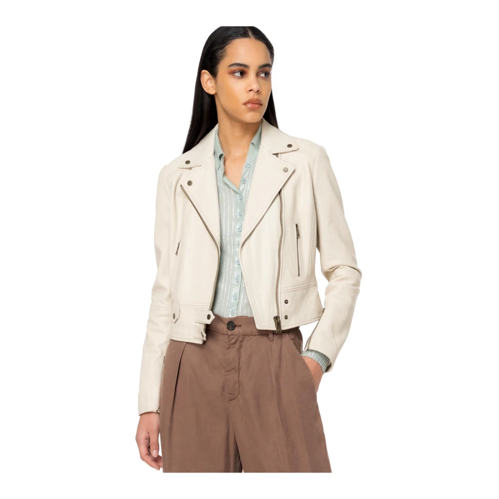 pinko Beige Leren Bikerjack met Metalen Details Beige Dames