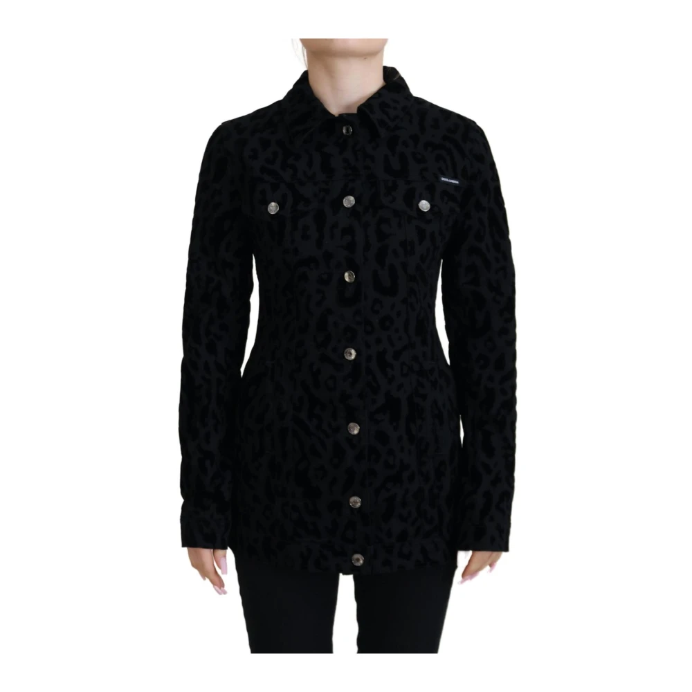 Dolce & Gabbana Women's Black Light Jackets, S, Leopard Velvet Button Down Jacket