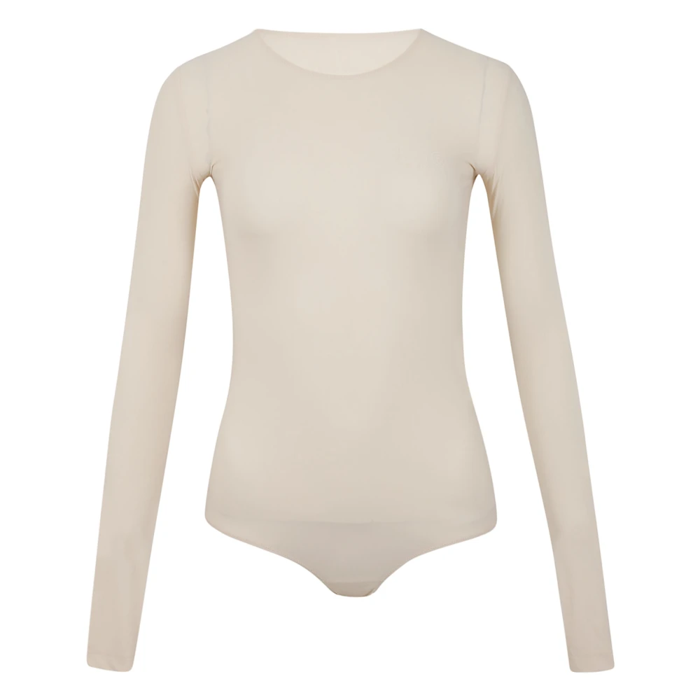 Mm6 Maison Margiela Vrouw Beige Tops Dames, S, Lange Mouw Ronde Hals Top