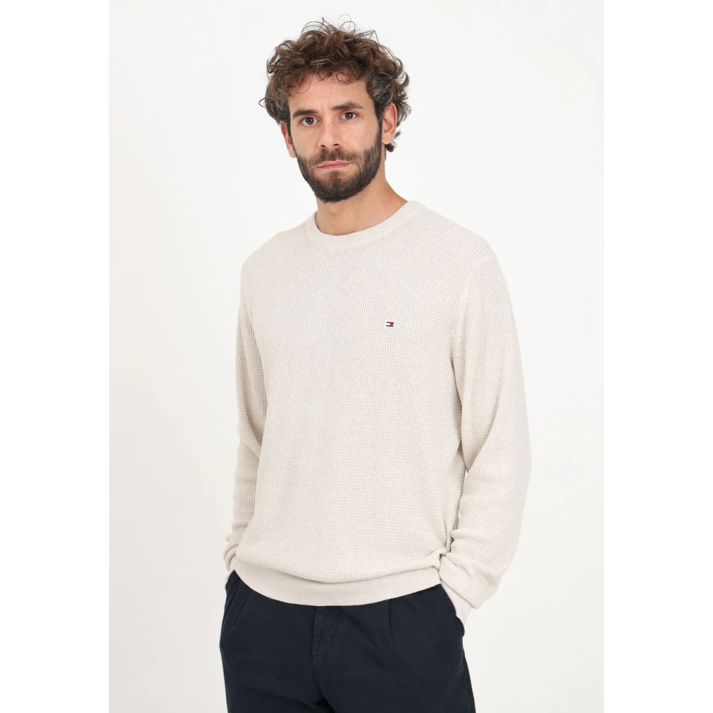 Tommy Hilfiger Beige Crew-Neck Sweater met Honeycomb Weave Beige Heren