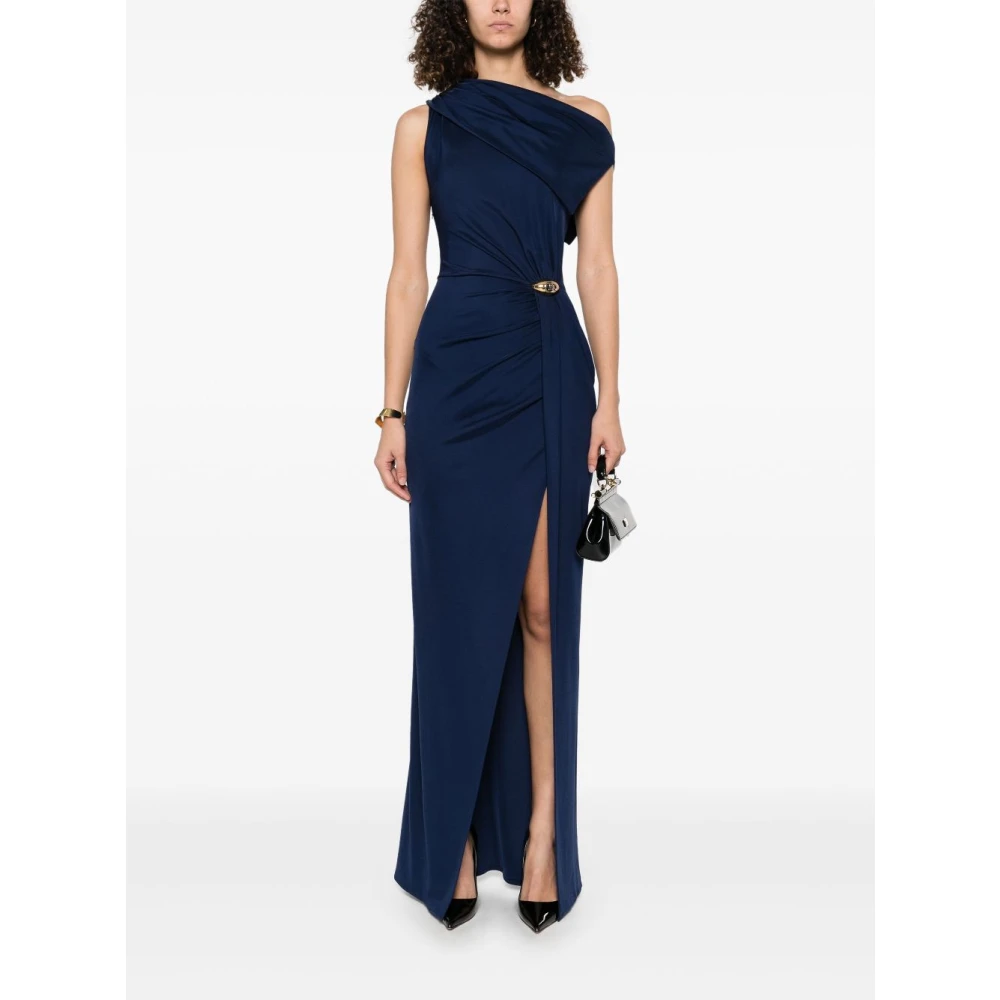 Elisabetta Franchi Navy Blauwe Gedrapeerde Jurk Met Zijsplit Blue Dames