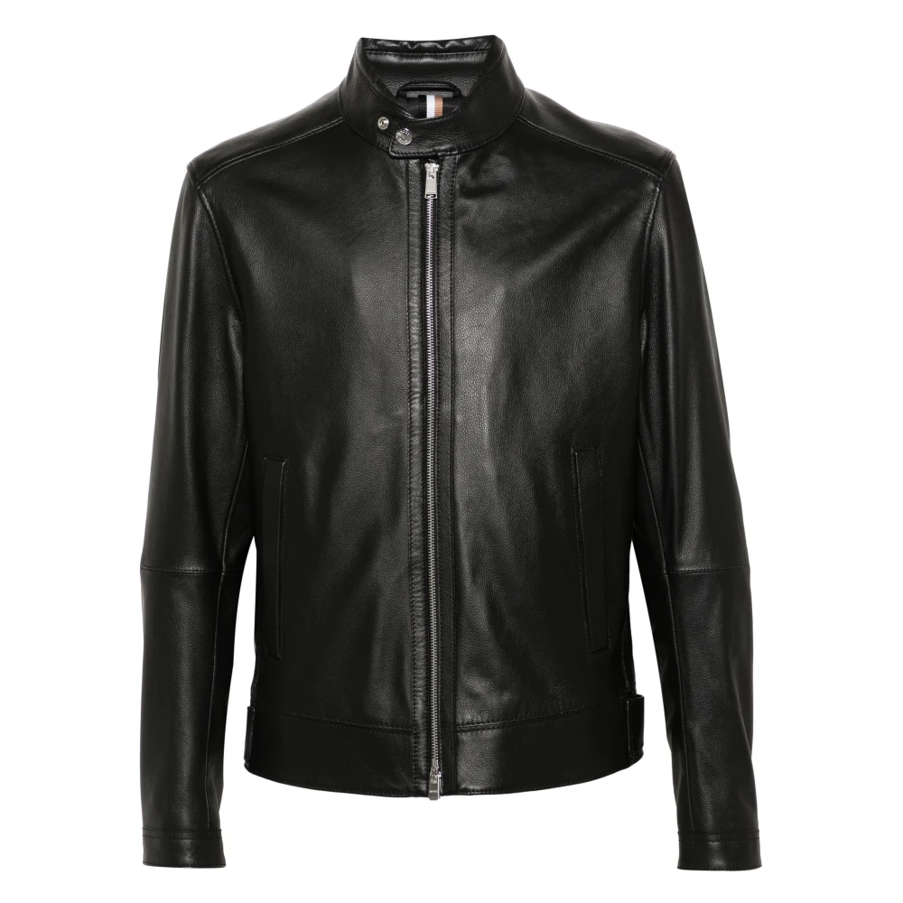 Hugo Boss Gestructureerde leren jas met volledige rits Black Heren