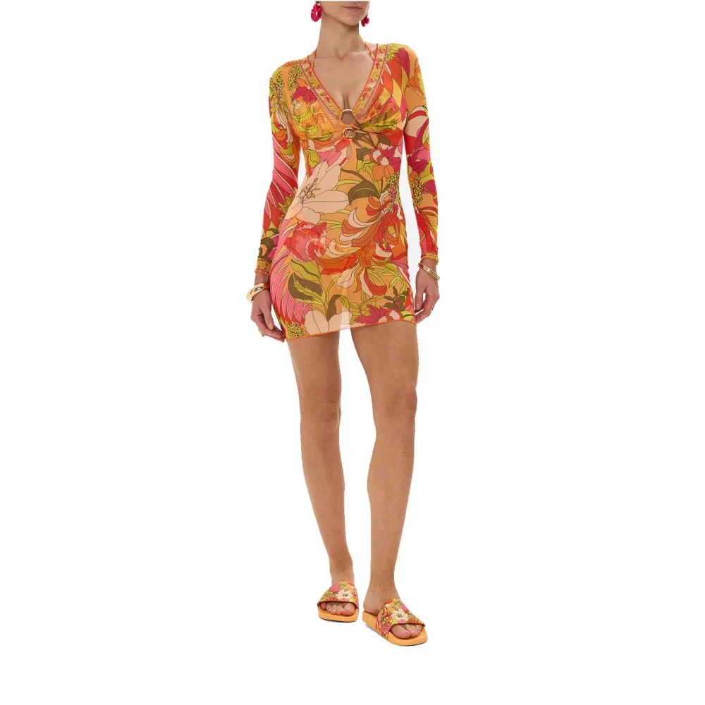 Camilla Retro Bloemen V-Hals Mini Jurk Multicolor Dames