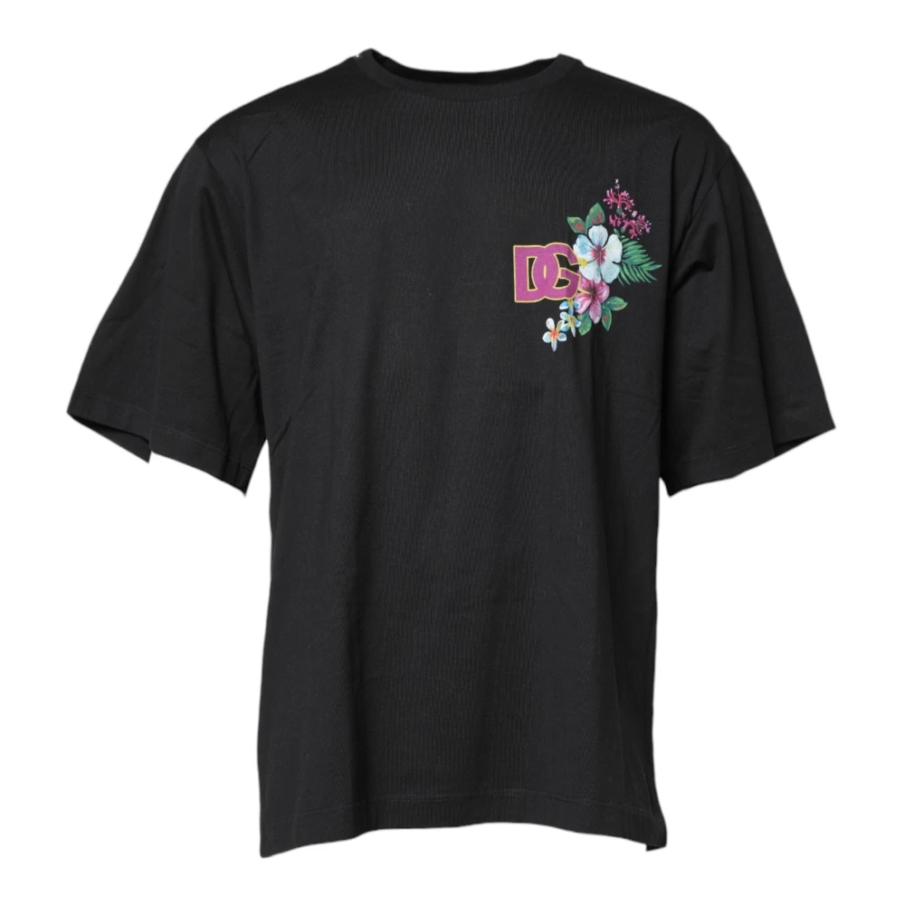 Dolce & Gabbana Men's Black T-Shirts, 4XL, Floral Print Crew Neck T-Shirt