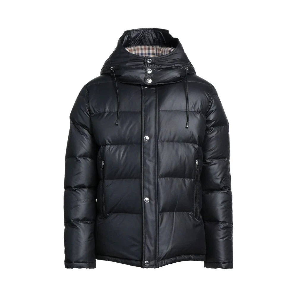 Aquascutum Afneembare capuchon zwarte jas met tartan patroon Black Heren