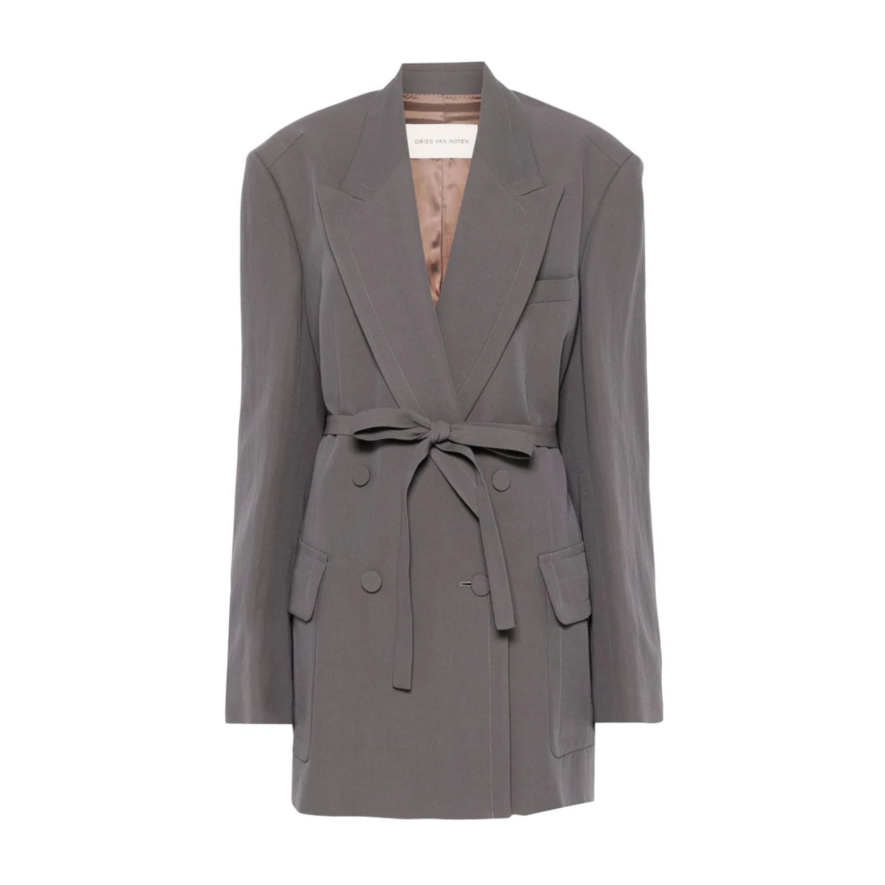 Dries Van Noten Grijze Oversized Wollen Jas Beige Dames